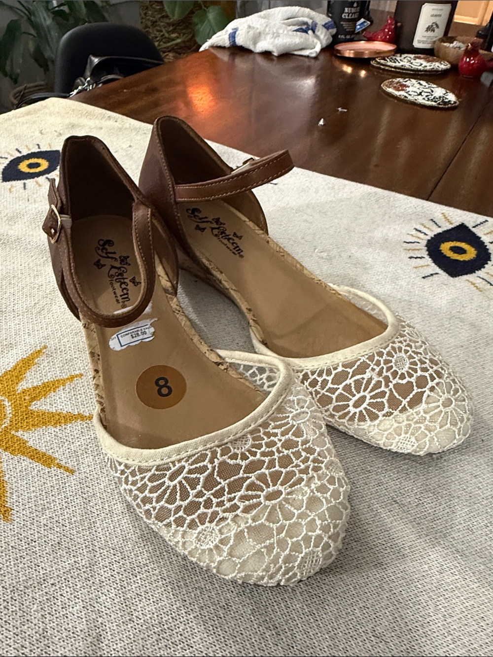 Self Esteem FootwearWomen’s Lace  Flats with Ankle Strap - Cream/Brown